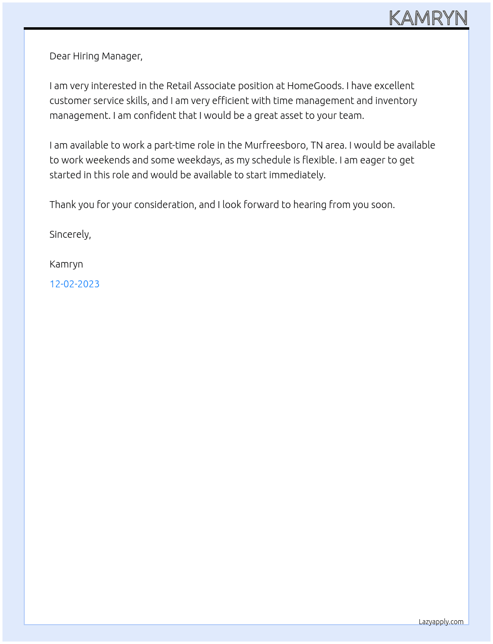 Retail Associate At HomeGoods Cover Letter
