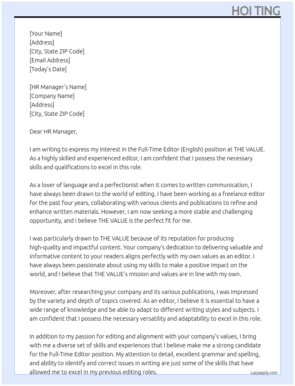 Full-Time Editor (English) At THE VALUE Cover Letter