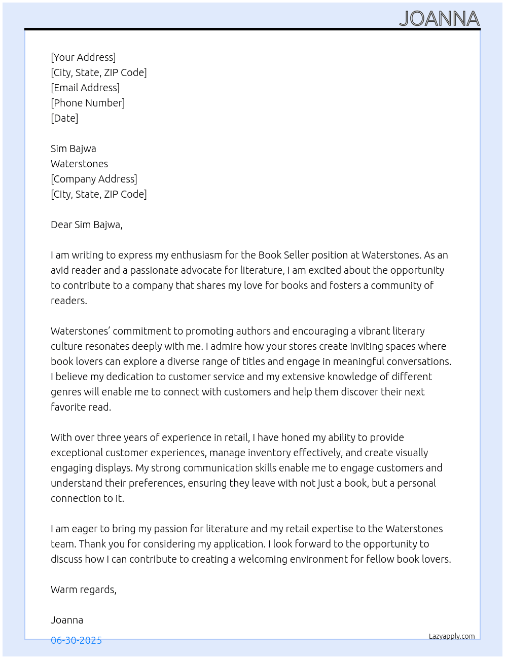 Book Seller At Waterstones Cover Letter
