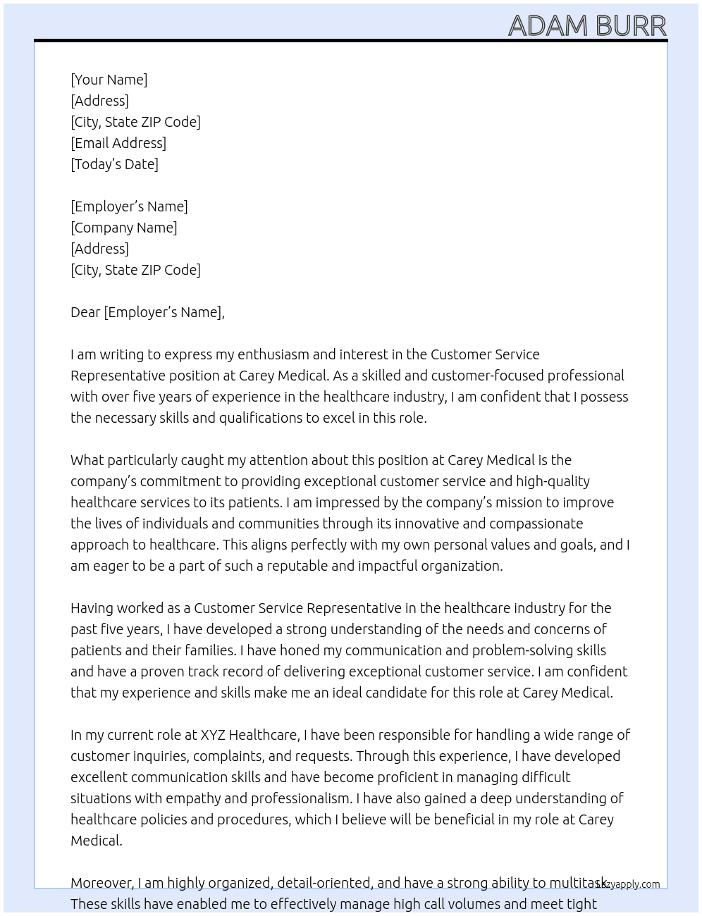 Customer Service Representative At Carey Medical Cover Letter