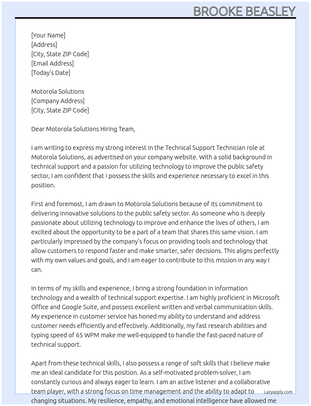 Technical Support Technician At Motorola Solutions Cover Letter