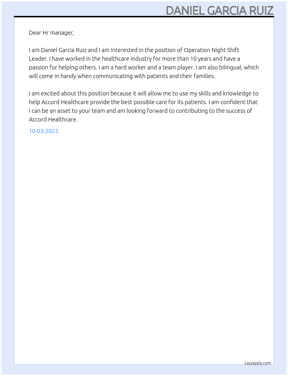 Operation Night Shift Leader At Accord Healthcare Cover Letter