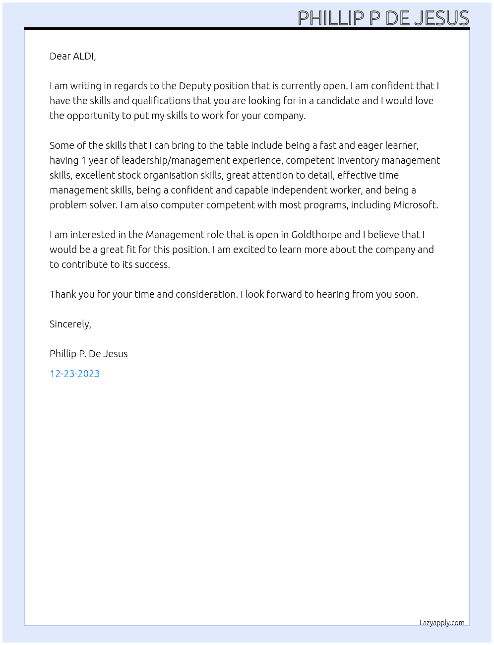 Deputy At ALDI Cover Letter