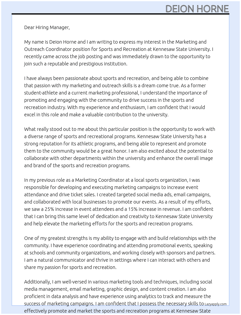 Marketing and Outreach Coordinator - Sports and Recreation At  Kennesaw State University  Cover Letter