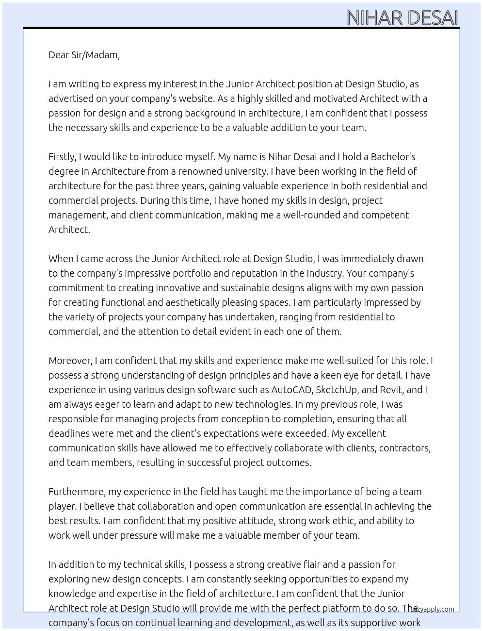 Junior Architect At Design Studio Cover Letter