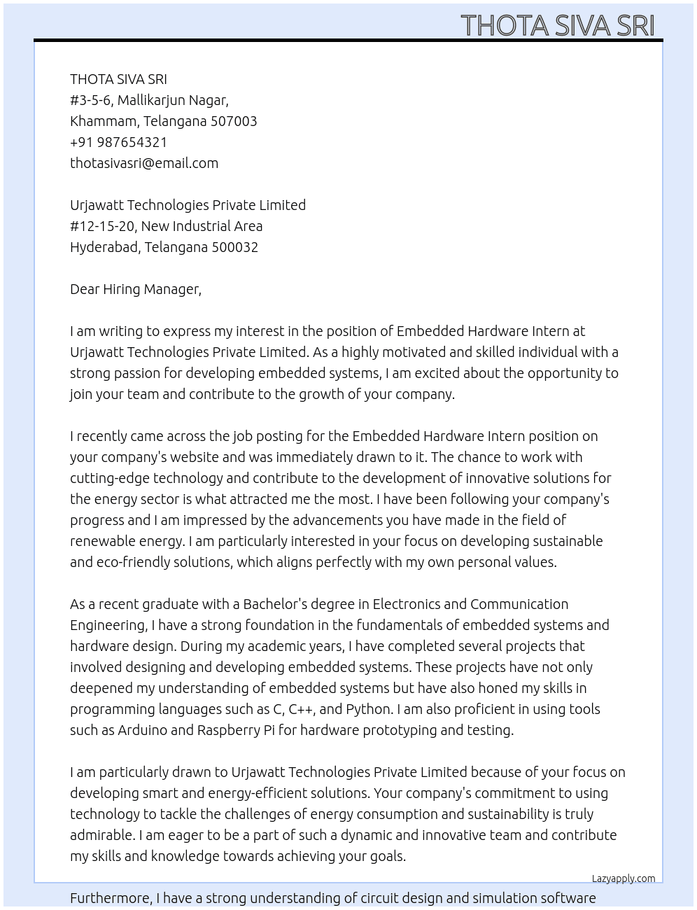 Embedded hardware intern At Intern/Embedded Firmware Intern  Urjawatt Technologies Private Limited  | Cover Letter