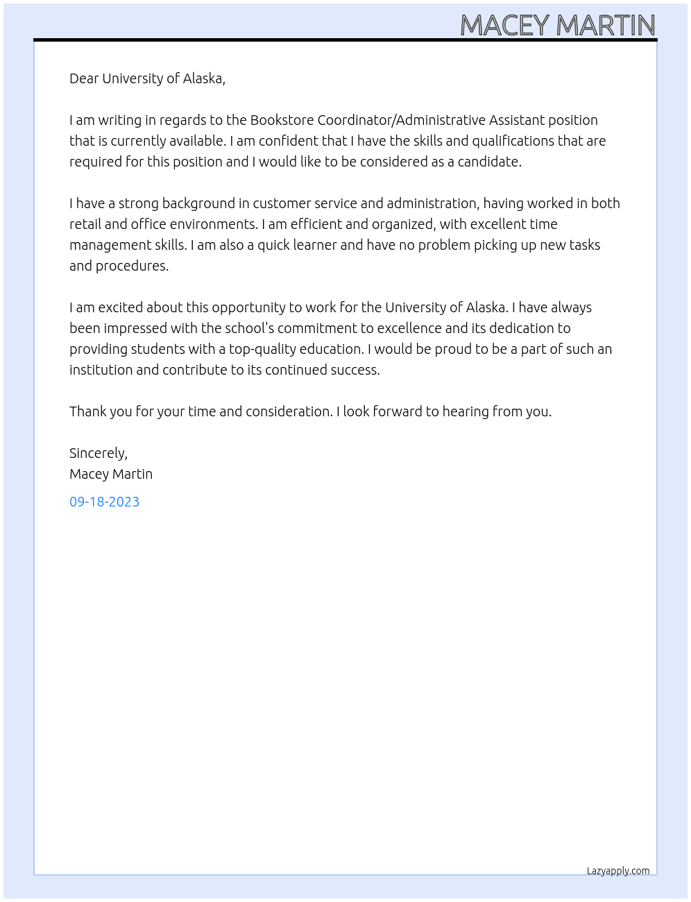Bookstore Coordinator/Administrative Assistant At University of Alaska Cover Letter