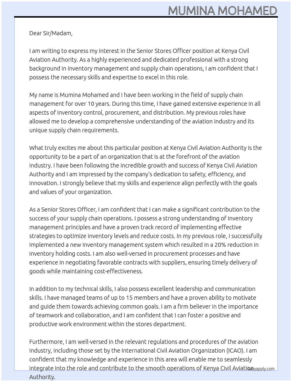 senior stores officer At Kenya civil aviation authority Cover Letter