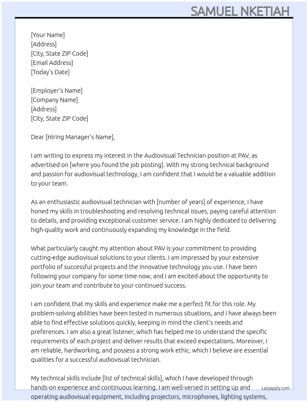 Audiovisual Technician At PAV Cover Letter