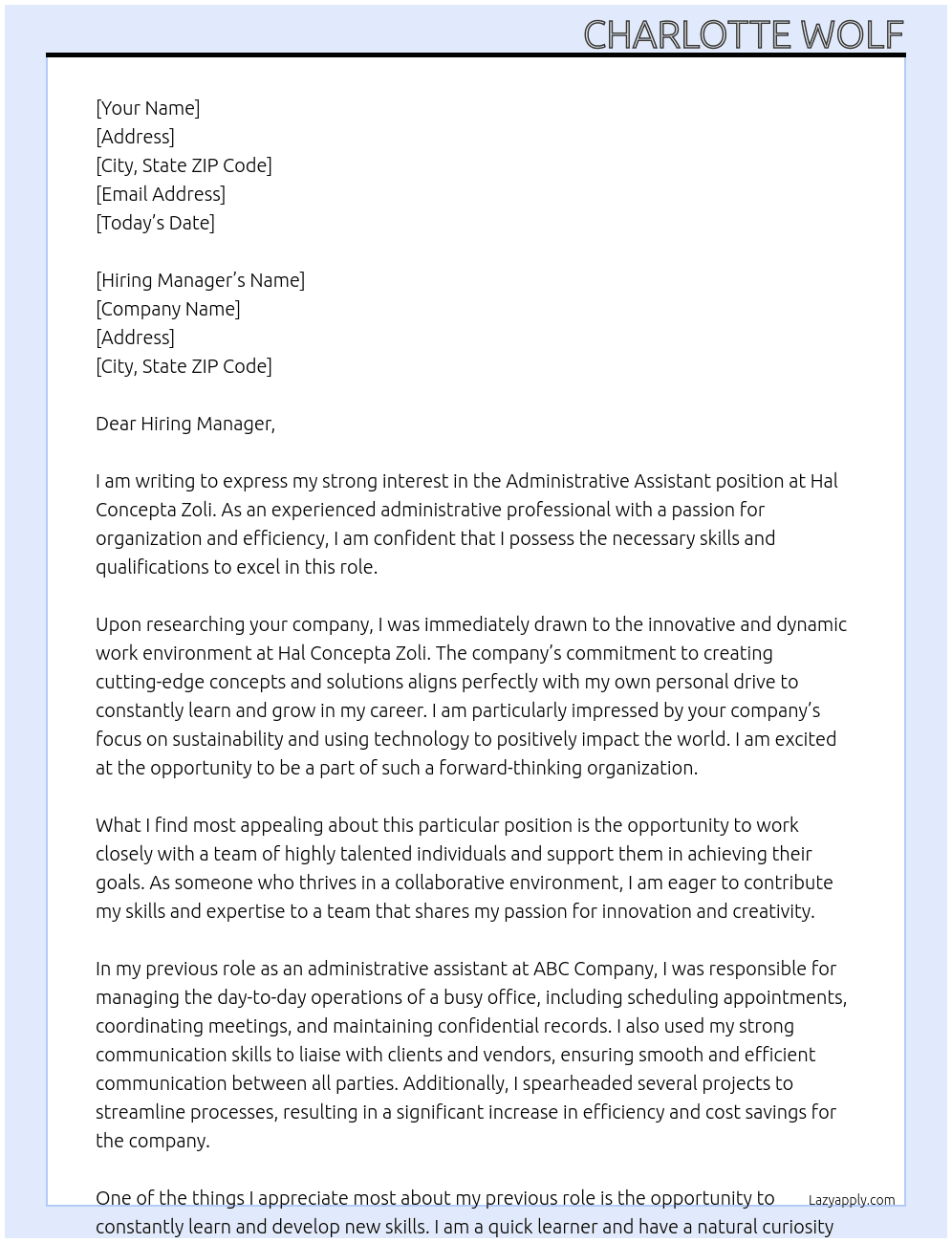 Administrative Assistant  At Hal Concepta Zoli Cover Letter