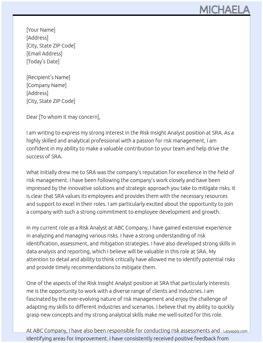 Risk insight analyst At SRA Cover Letter