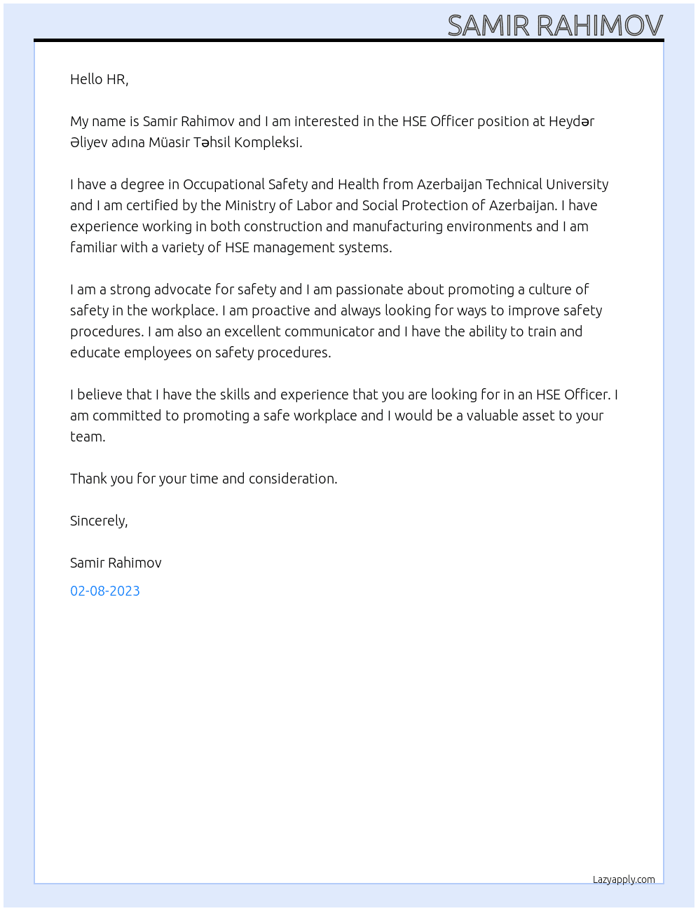HSE Officer At Heydər Əliyev adına Müasir Təhsil Kompleksi Cover Letter