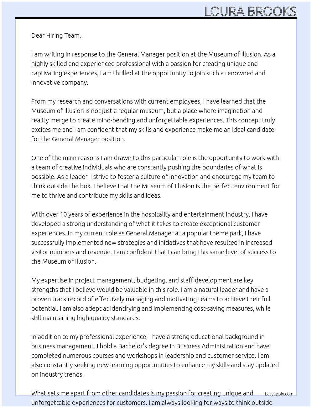 General Manager At Museum of Illusion Cover Letter