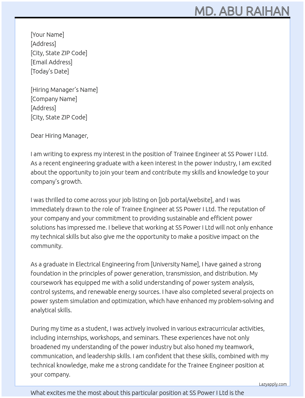 Trainee Engineer  At SS Power I Ltd Cover Letter