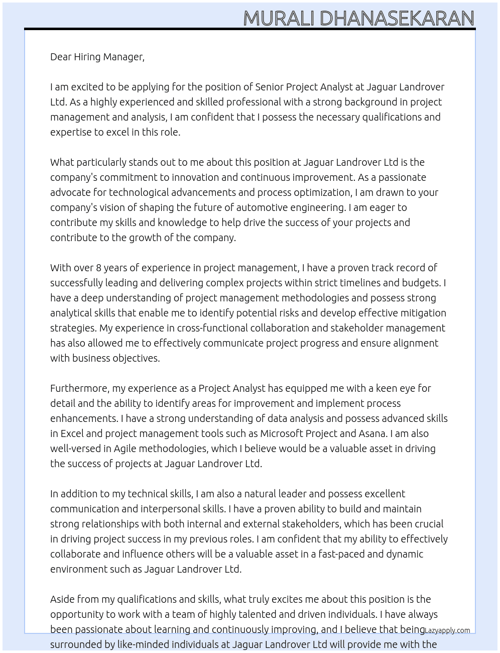 Senior Project Analyst At Jaguar Landrover Ltd Cover Letter