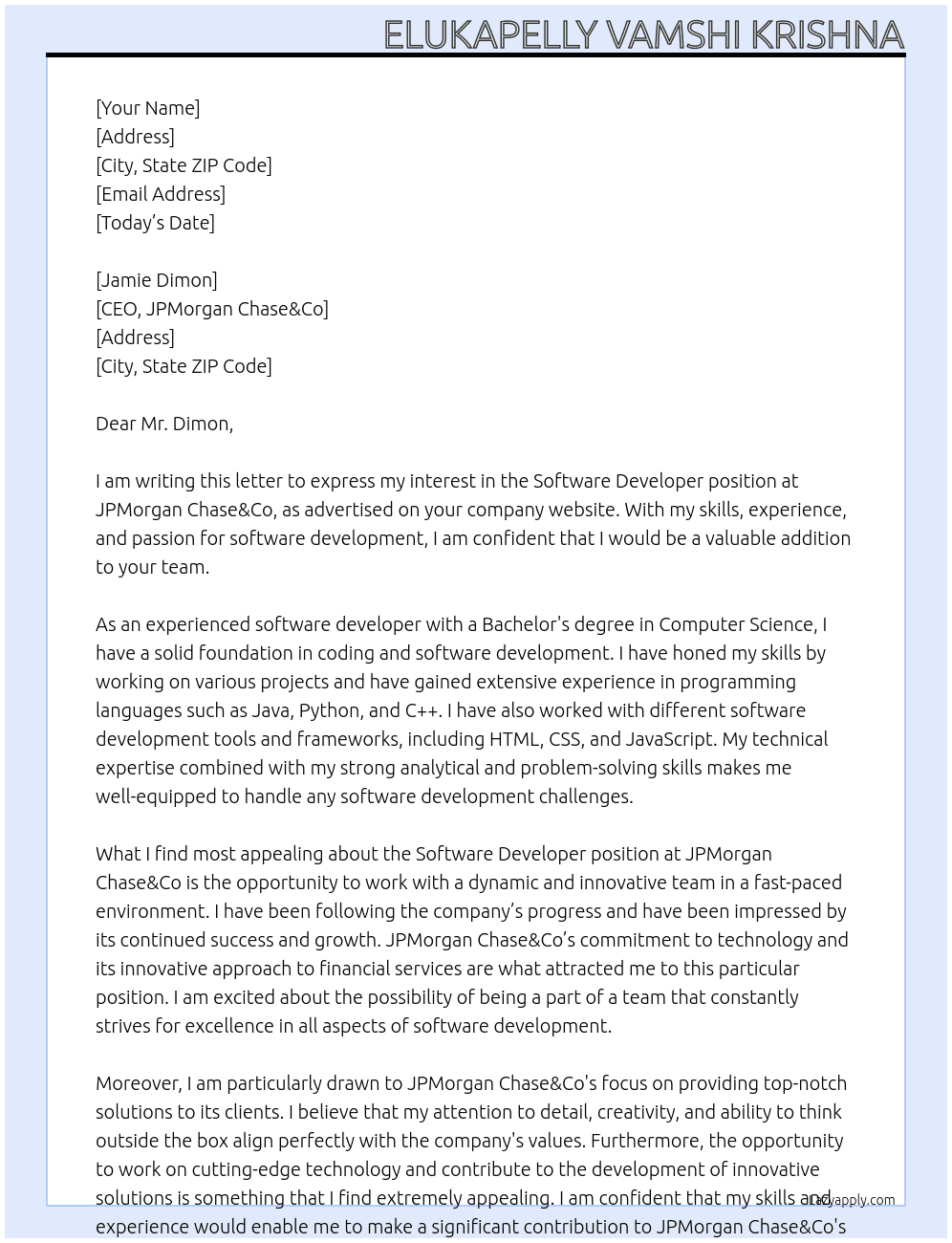 SOFTWARE DEVELOPER  At JPMORGAN CAHSE&CO Cover Letter