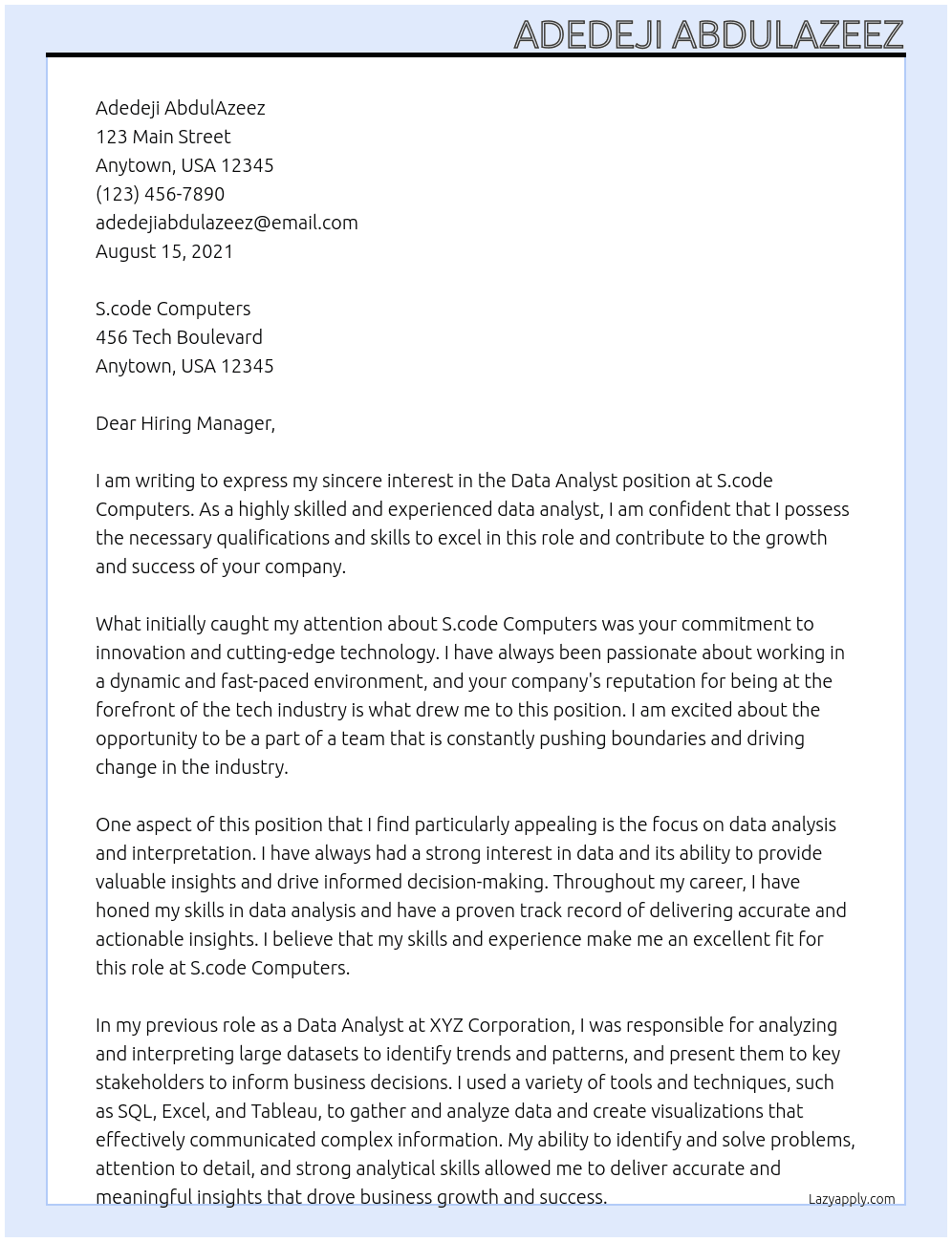 data analyst At S.code Computers Cover Letter