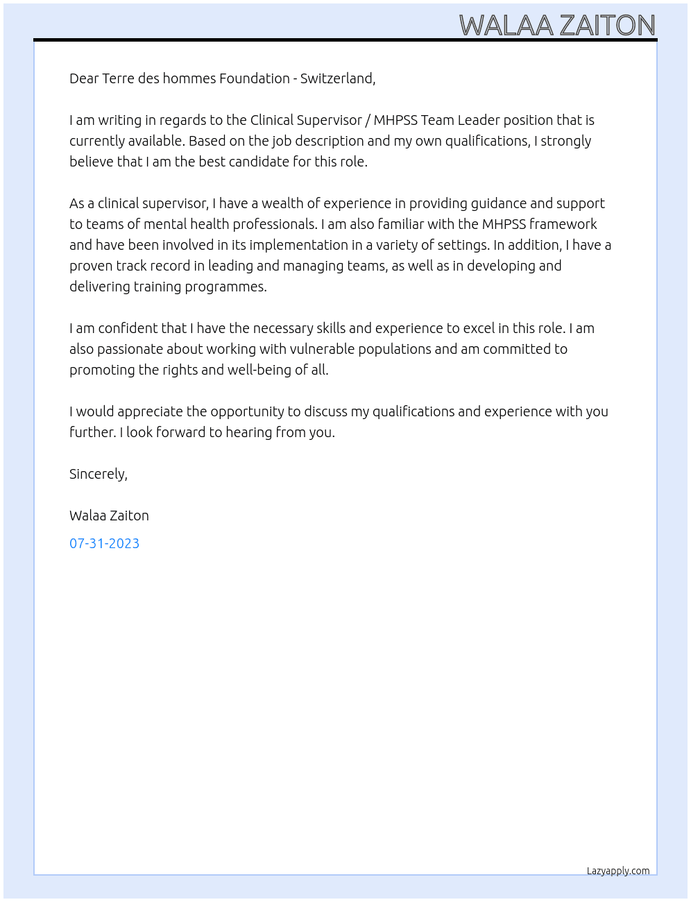 Clinical Supervisor / MHPSS Team Leader At Terre des hommes Foundation - Switzerland Cover Letter