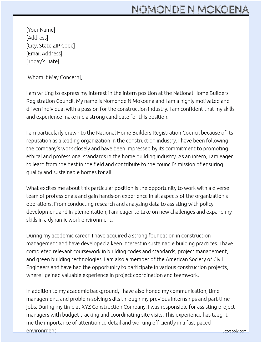 intern At National Home Builders Registration Council Cover Letter