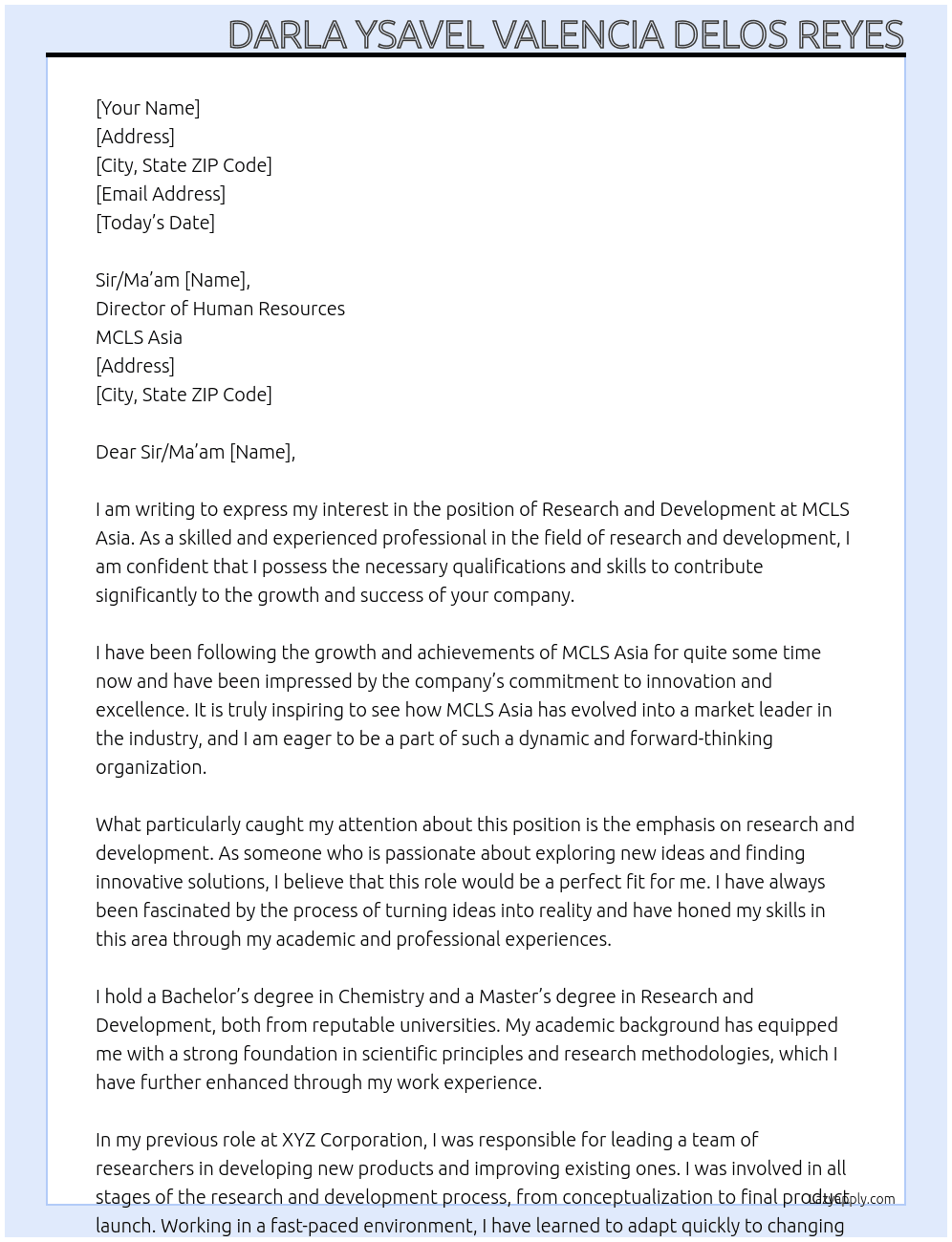 Research and Development At MCLS Asia Cover Letter