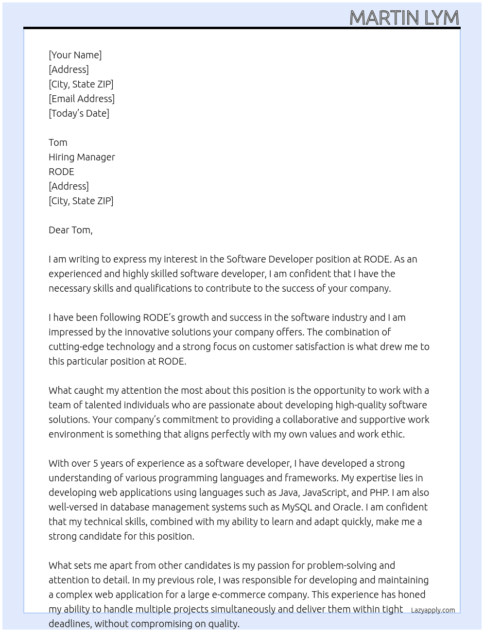 Software Developer At RODE Cover Letter