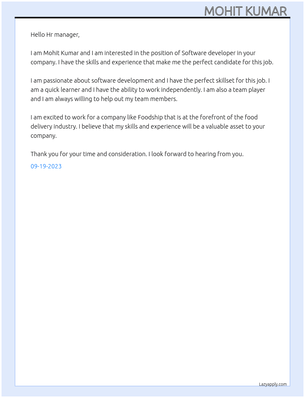 Software developer  At Foodship Cover Letter
