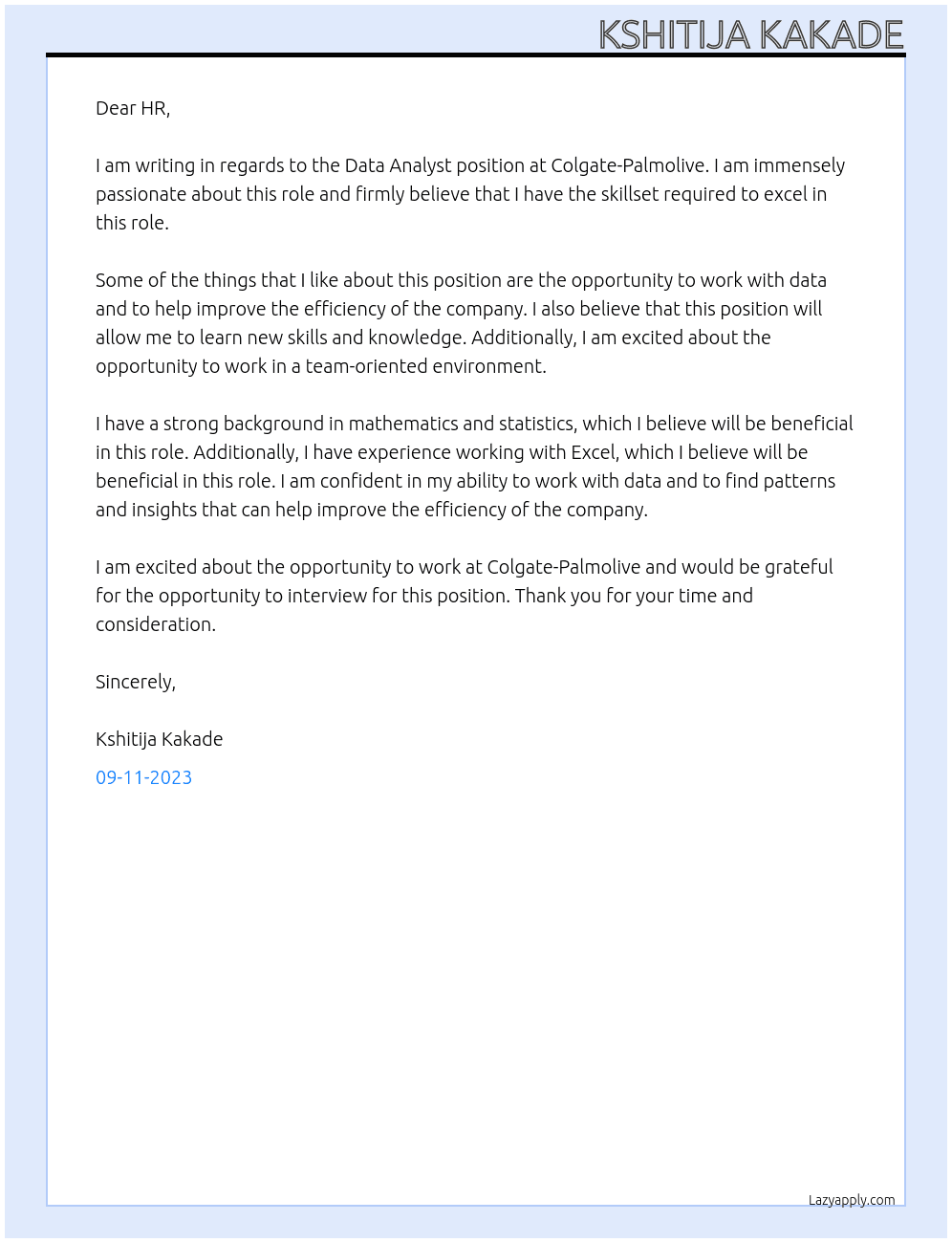 Data Analyst Fresher At Colgate-Palmolive Cover Letter