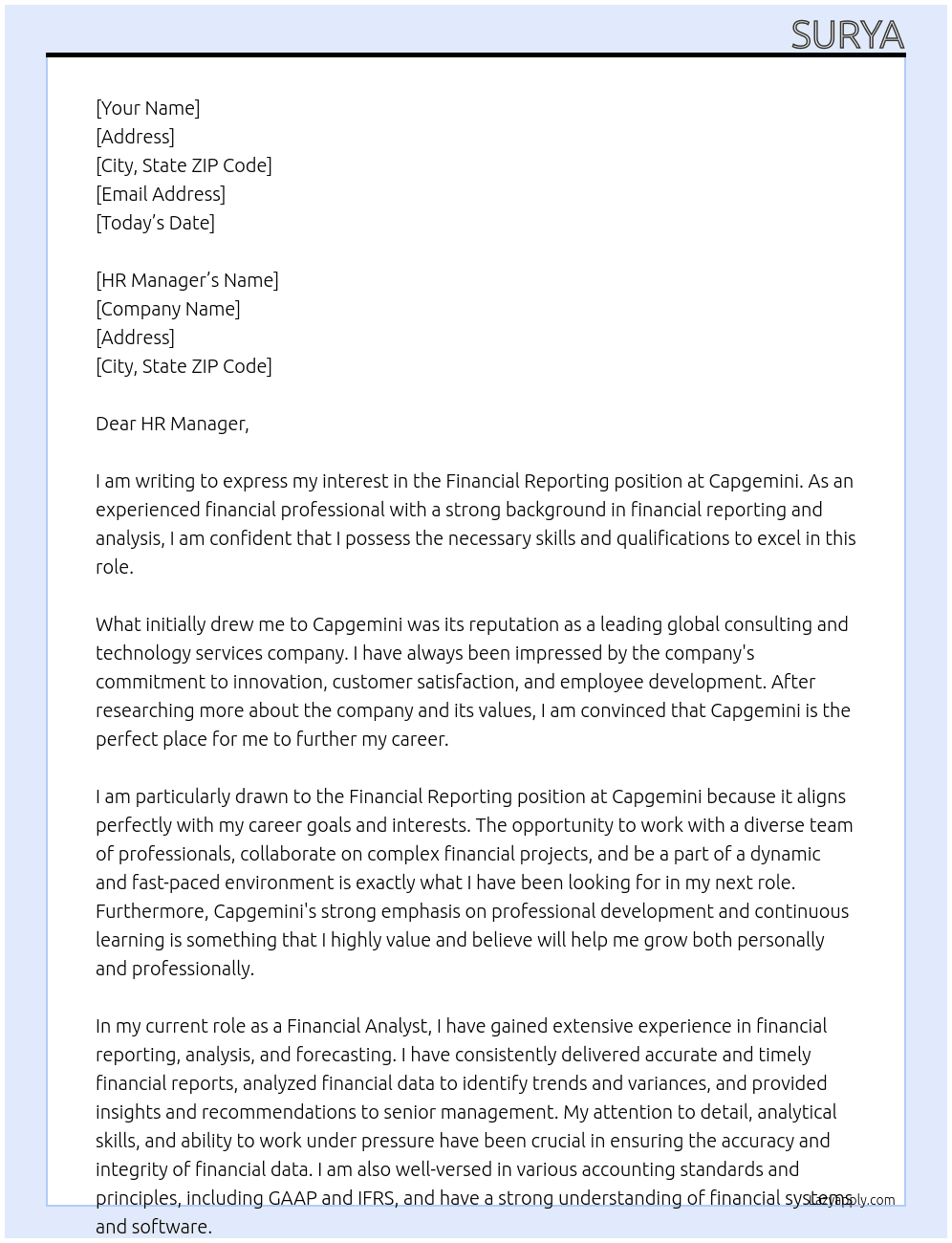 Cover letter for financial reporting - LazyApply