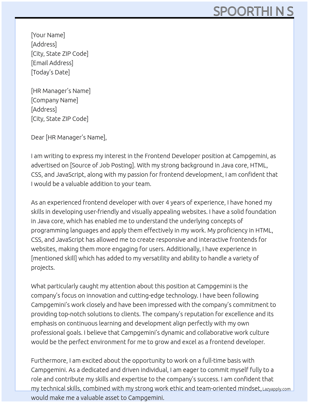 frontend developer At campgemini Cover Letter