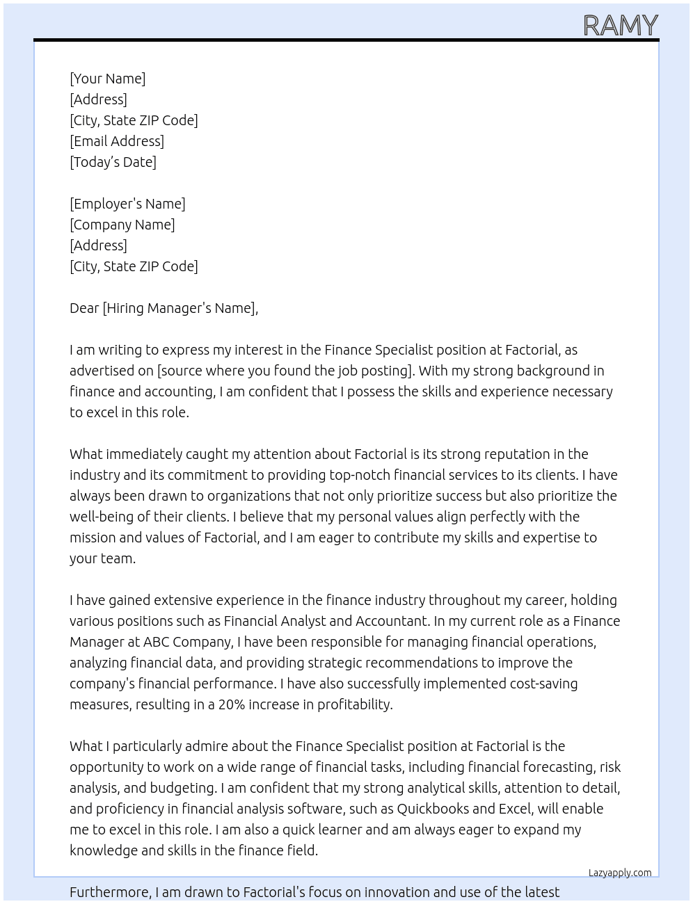 Finance Specialist At Factorial Cover Letter