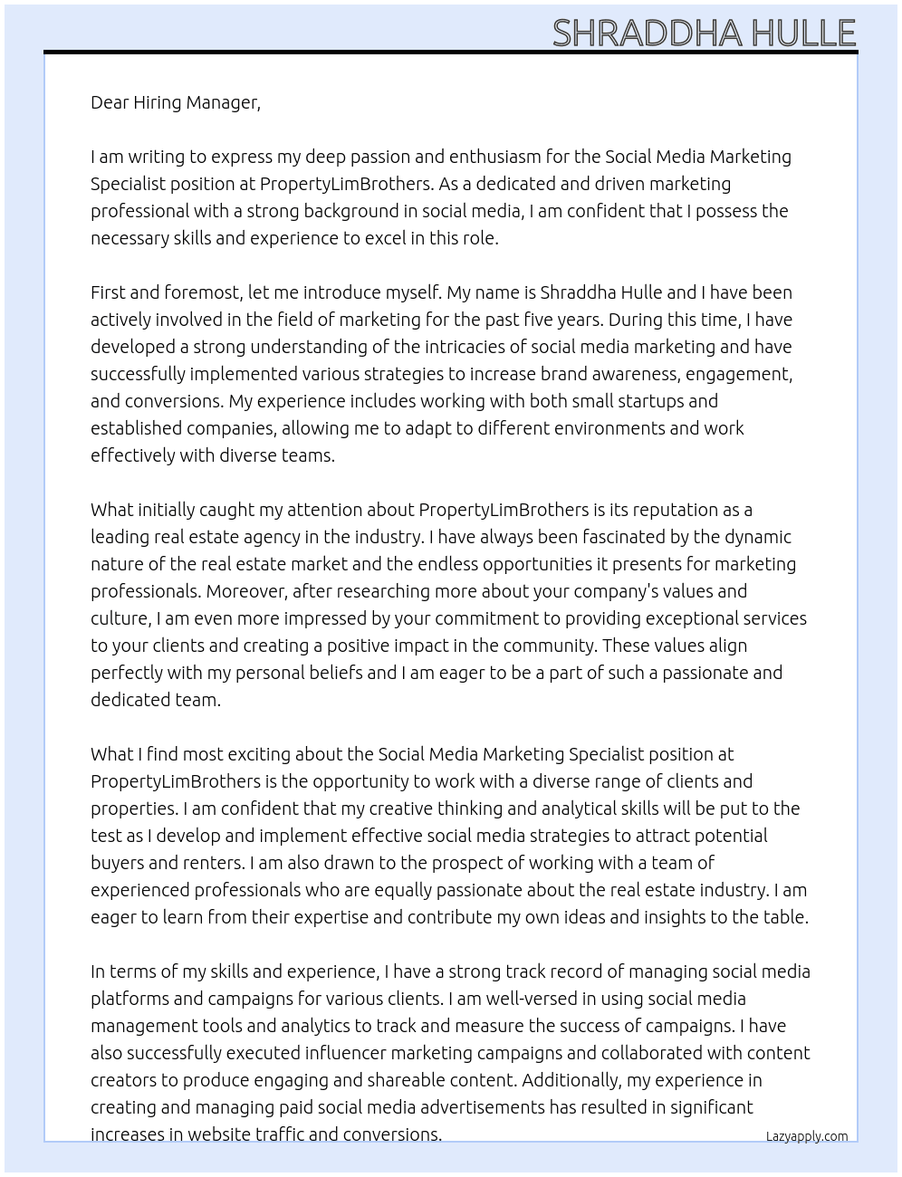 Social Media Marketing Specialist At  PropertyLimBrothers Cover Letter