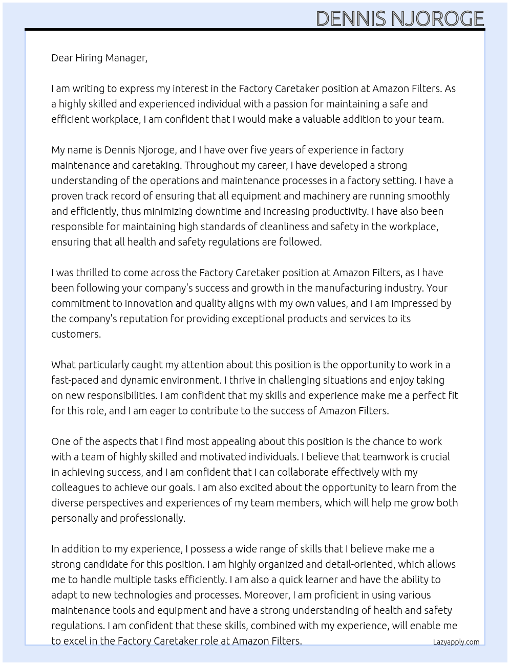 Factory caretaker At Amazon filters Cover Letter
