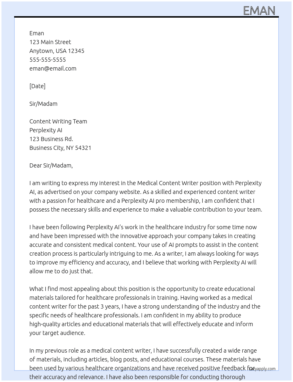 Medical Content Writer with Perplexity AI Experience At Content writing team  Cover Letter
