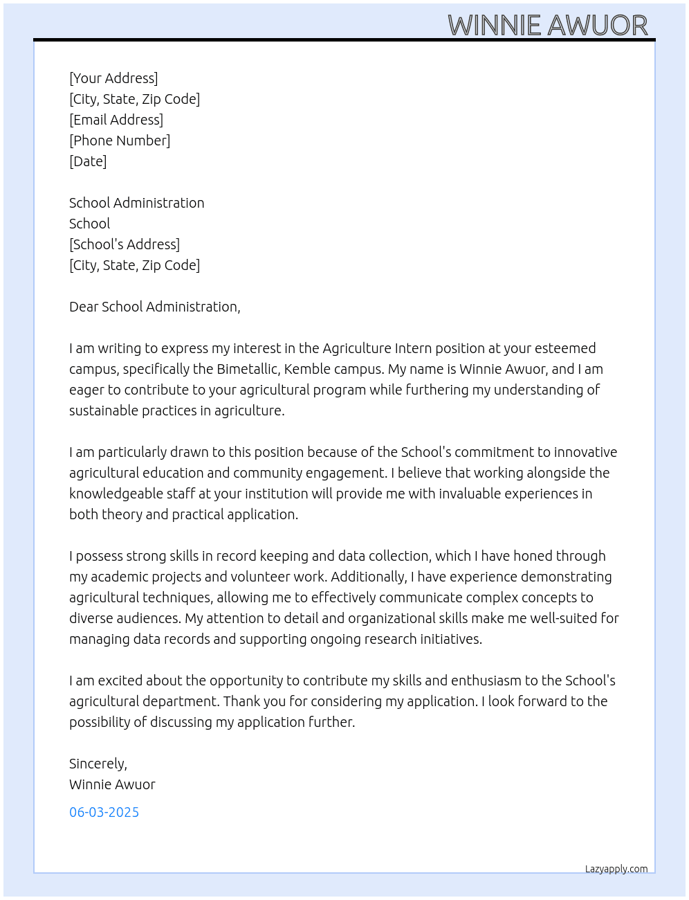 Cover letter for agriculture intern in a certain campus - LazyApply