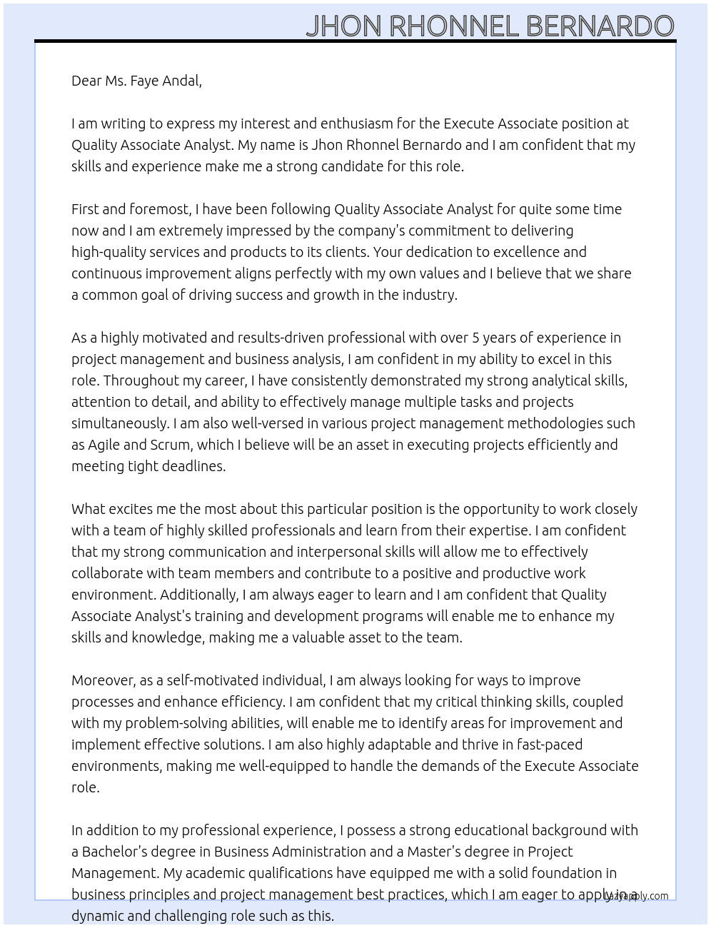 Execute Associate At Quality associate analyst Cover Letter