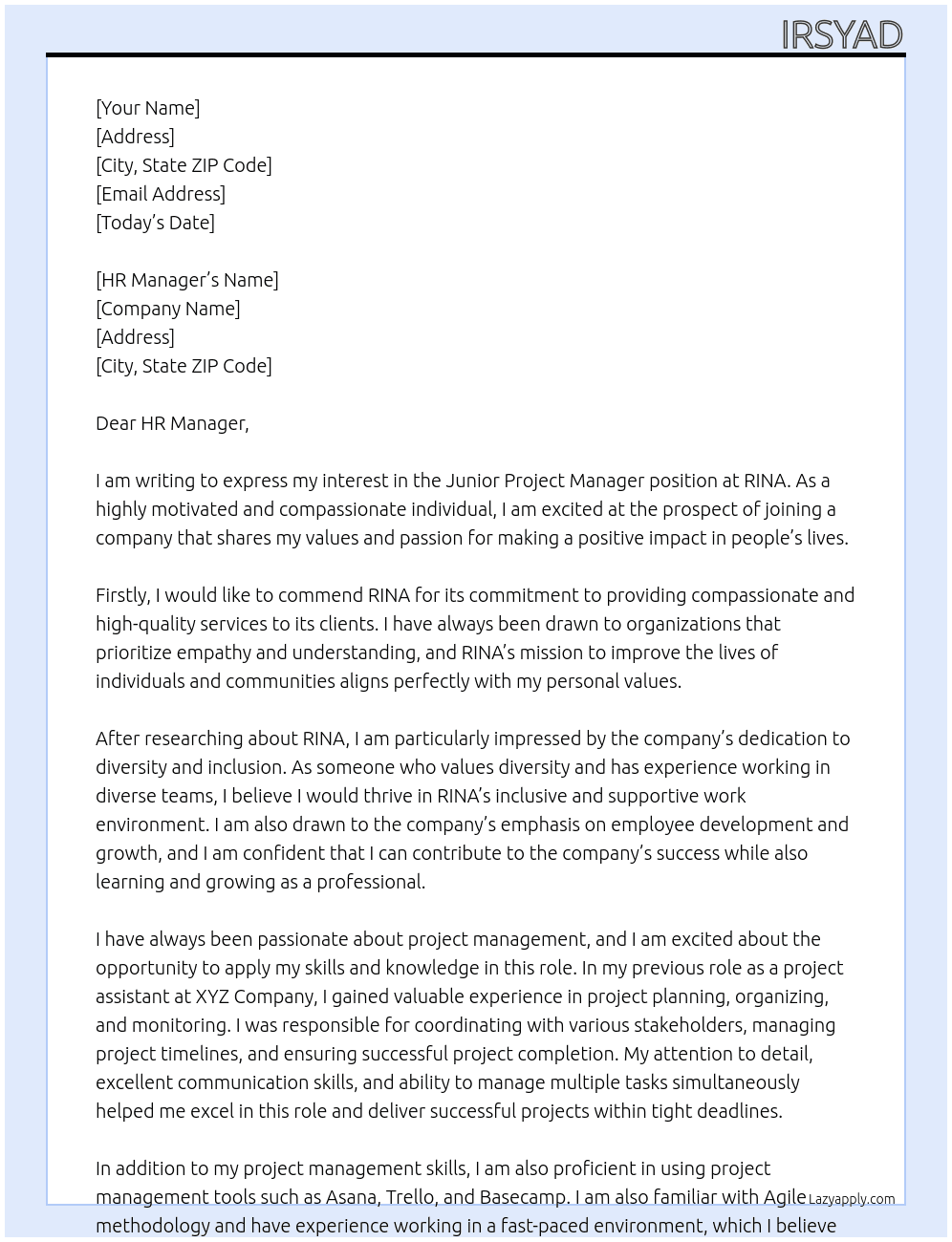 Junior Project manager At RINA Cover Letter