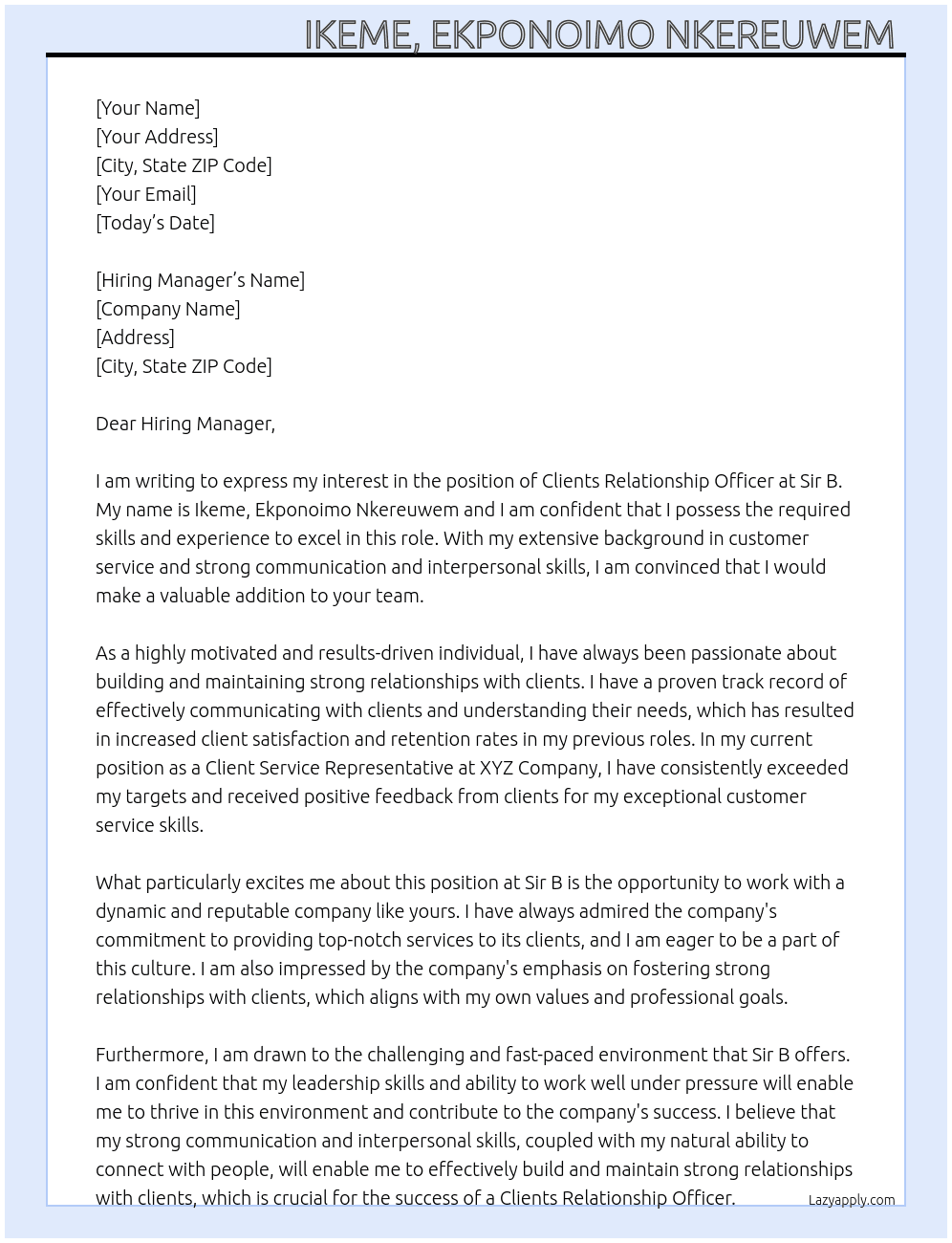 Clients Relationship Officer  At Sir B Cover Letter