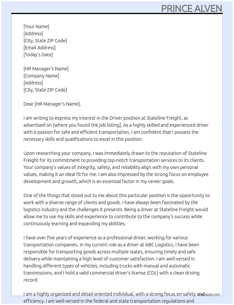 Driver At Stateline Freight Cover Letter