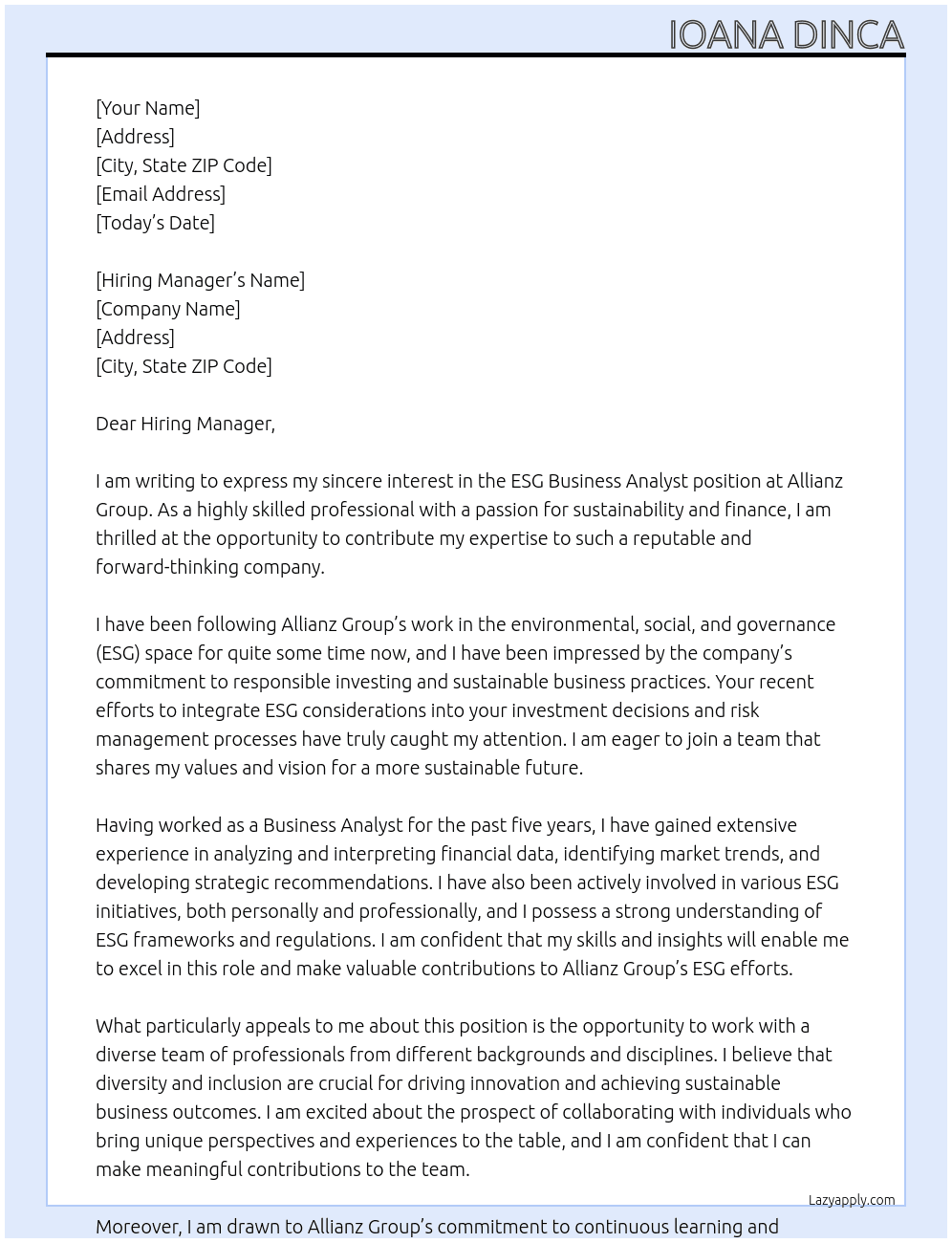 ESG Business Analyst At Allianz Group Cover Letter