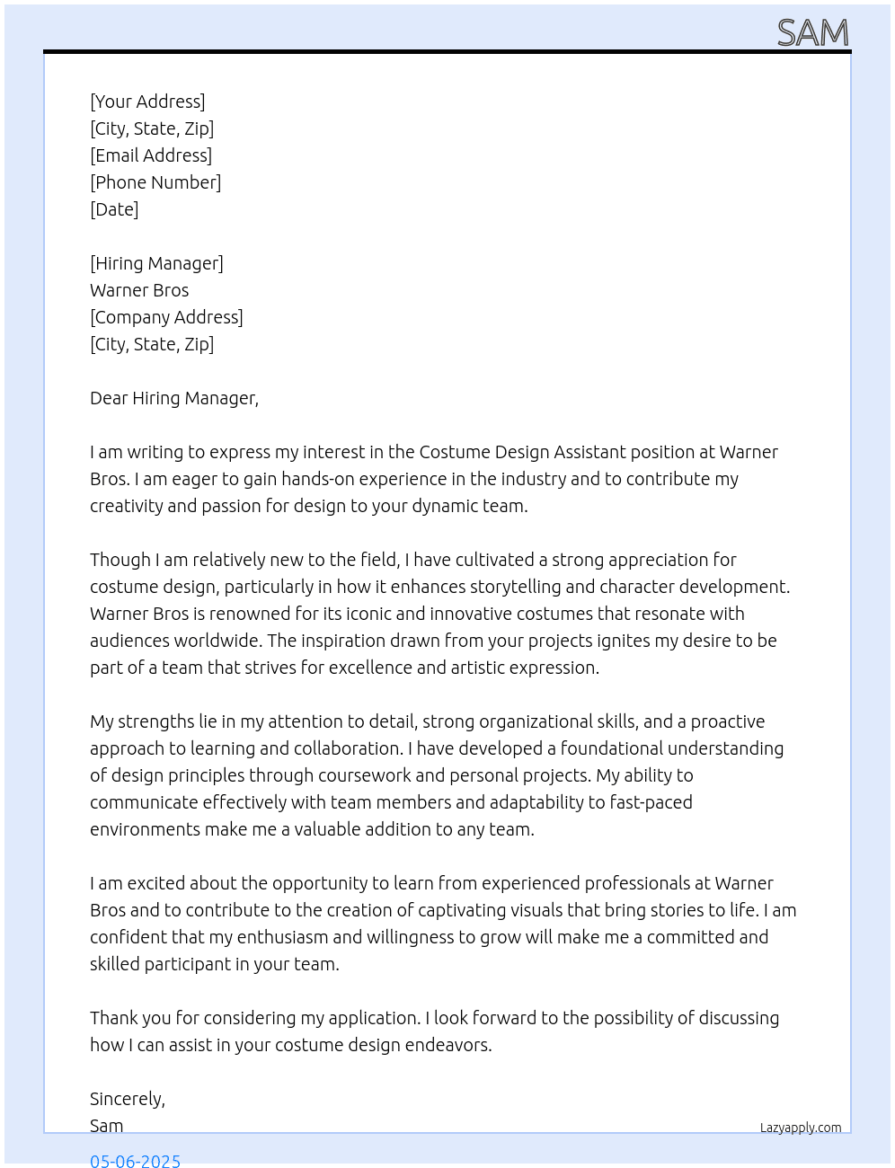 costume design assistant At Warner bro Cover Letter