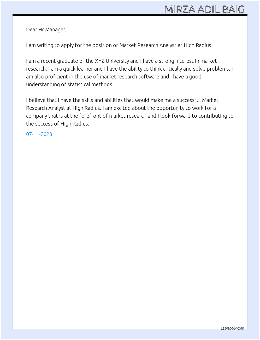 Market Research Analyst At High Radius Cover Letter