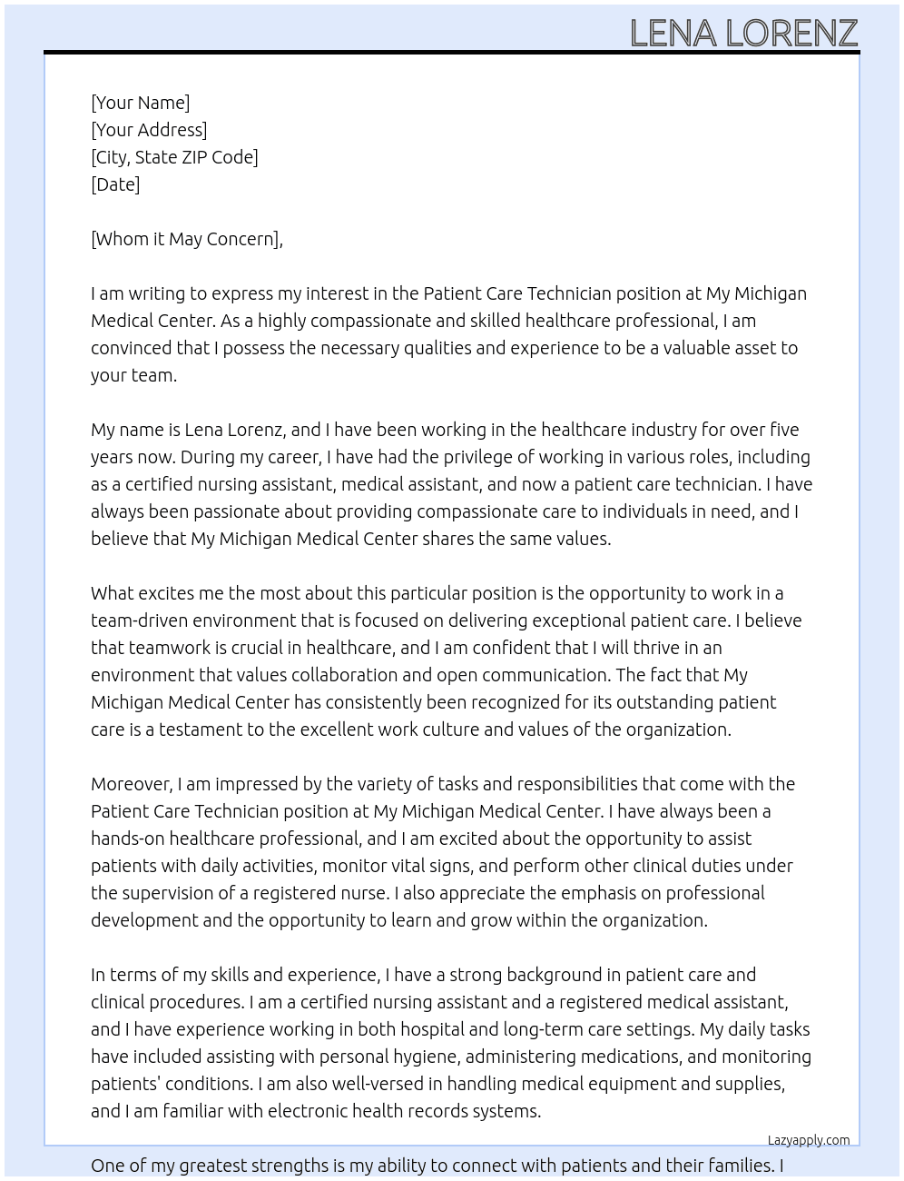 Patient care technician  At My Michigan Medical center Cover Letter