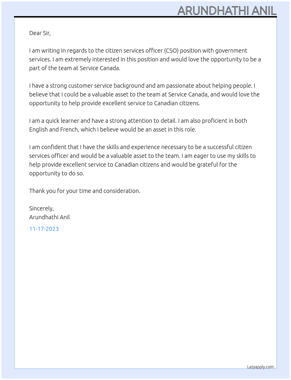 citizen services officer (CSO) - government services  At  Employer details Service Canada Cover Letter