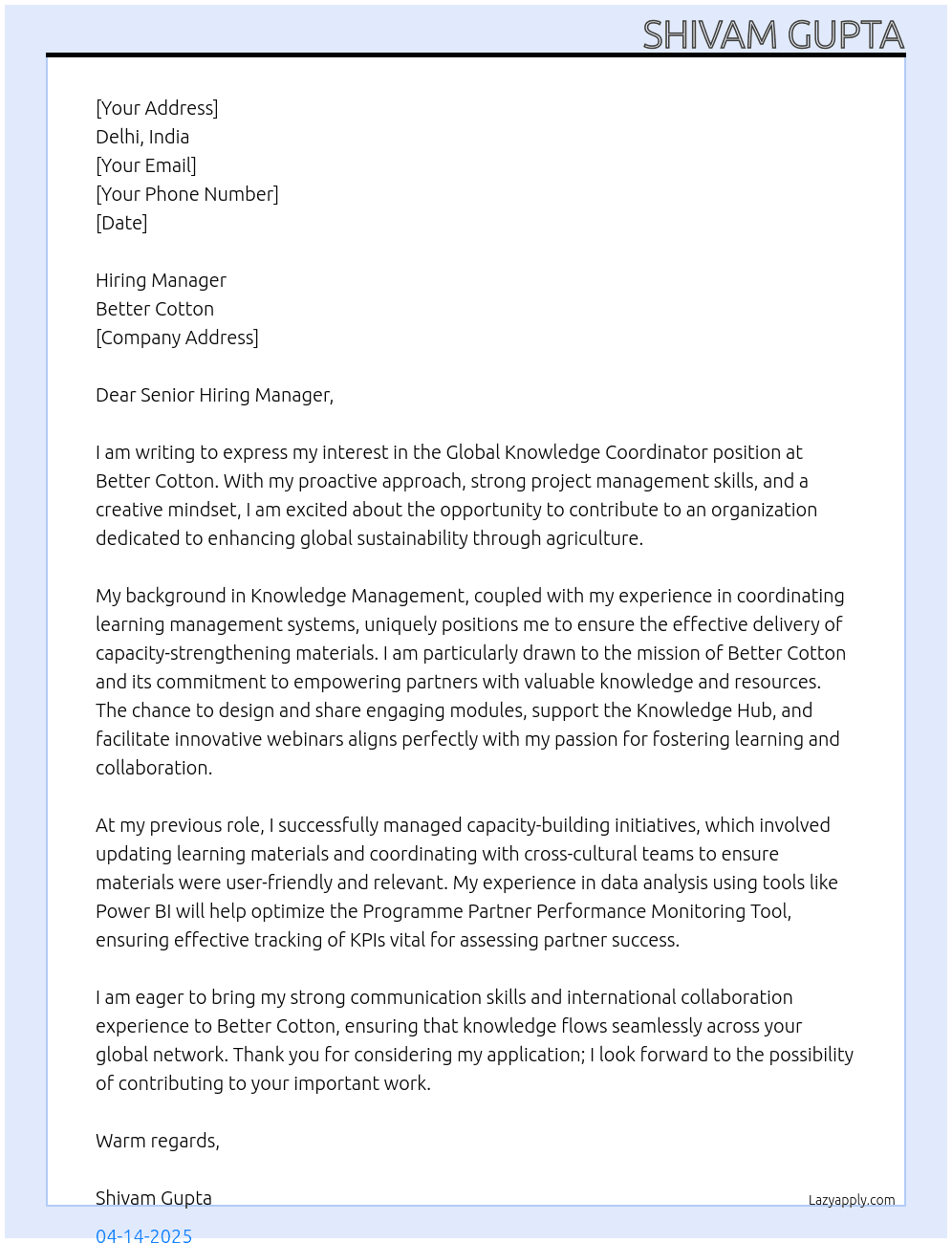 Global Knowledge Coordinator At Better Cotton Cover Letter
