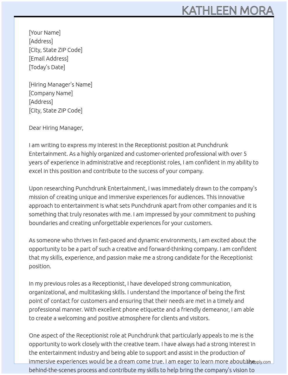 Receptionist At Punchdrunk entertainment  Cover Letter