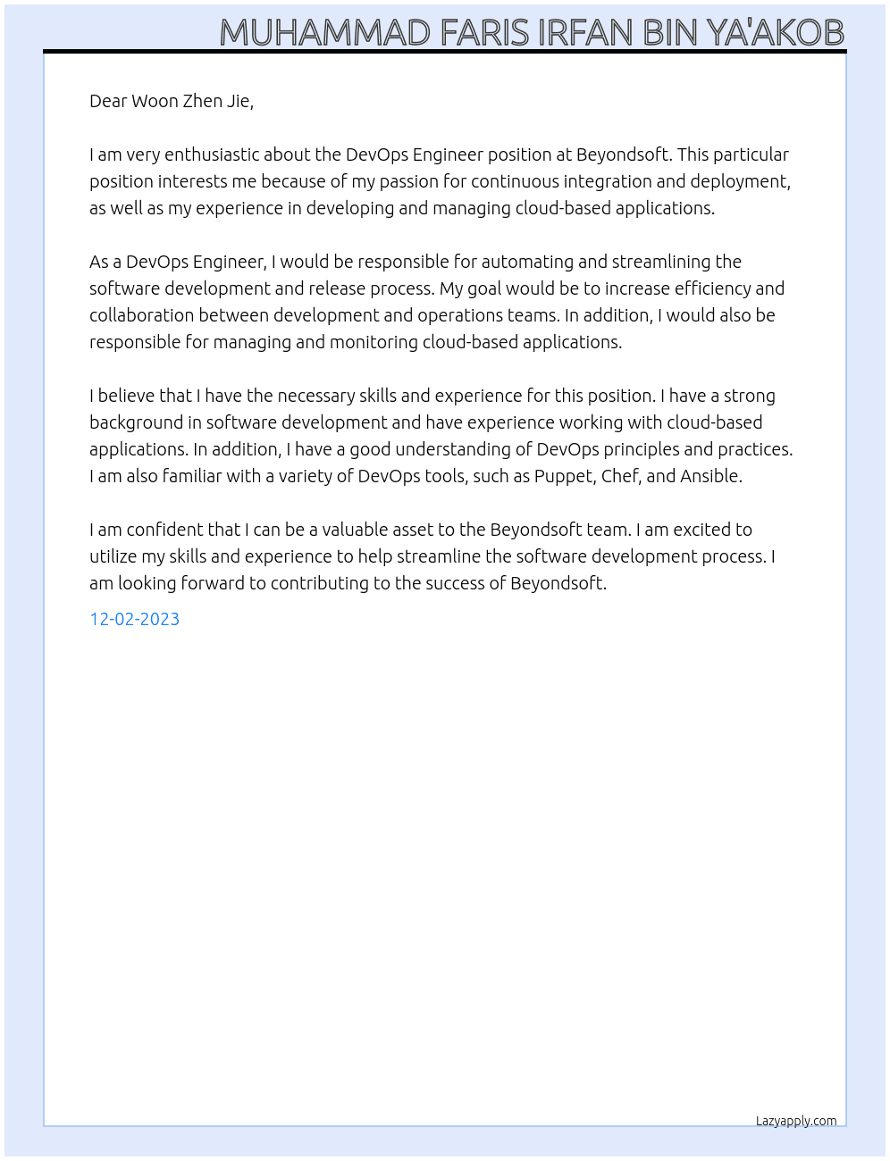 DevOps Engineer At Beyondsoft Cover Letter
