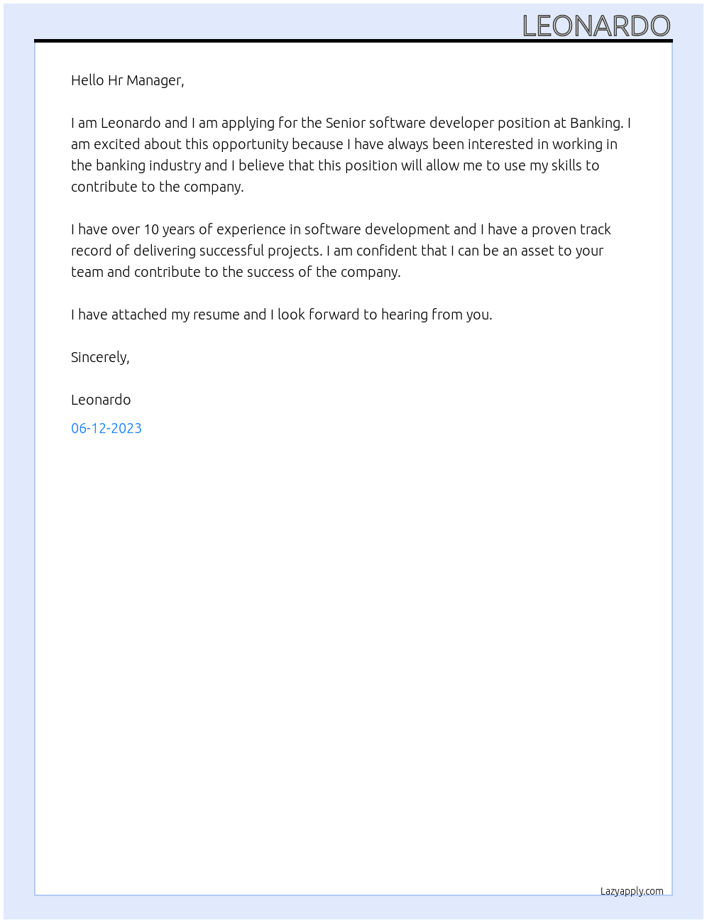 Senior software developer At Banking Cover Letter