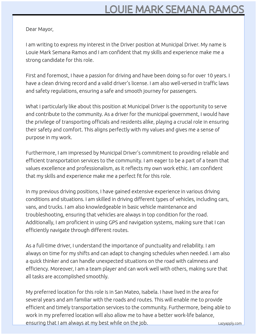 driver At municipal driver Cover Letter