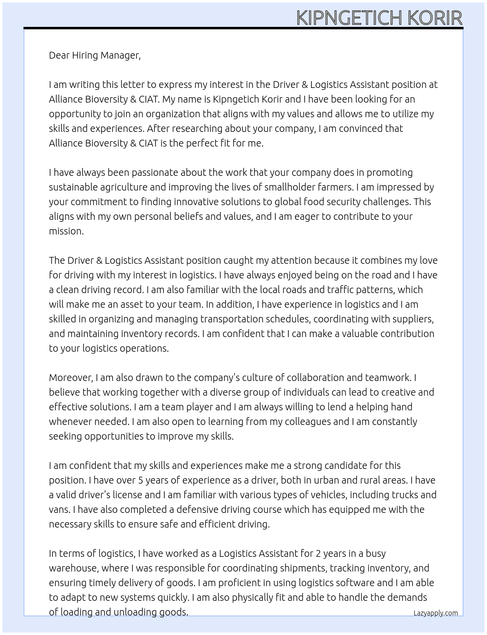 Driver & Logistics Assistant At Alliance Bioversity & CIAT  Cover Letter