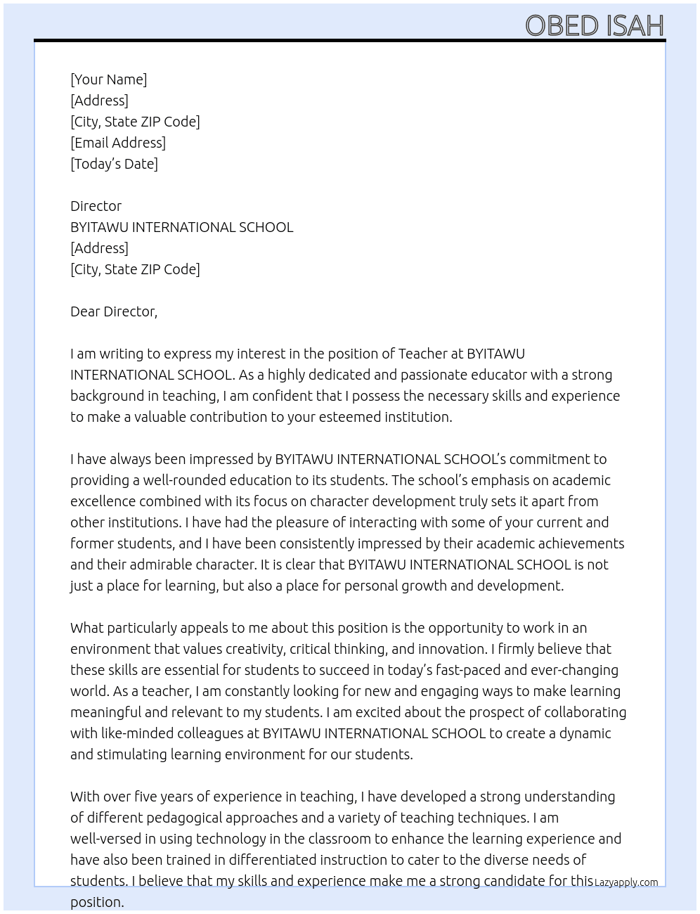 Teacher At BYITAWU INTERNATIONAL SCHOOL Cover Letter